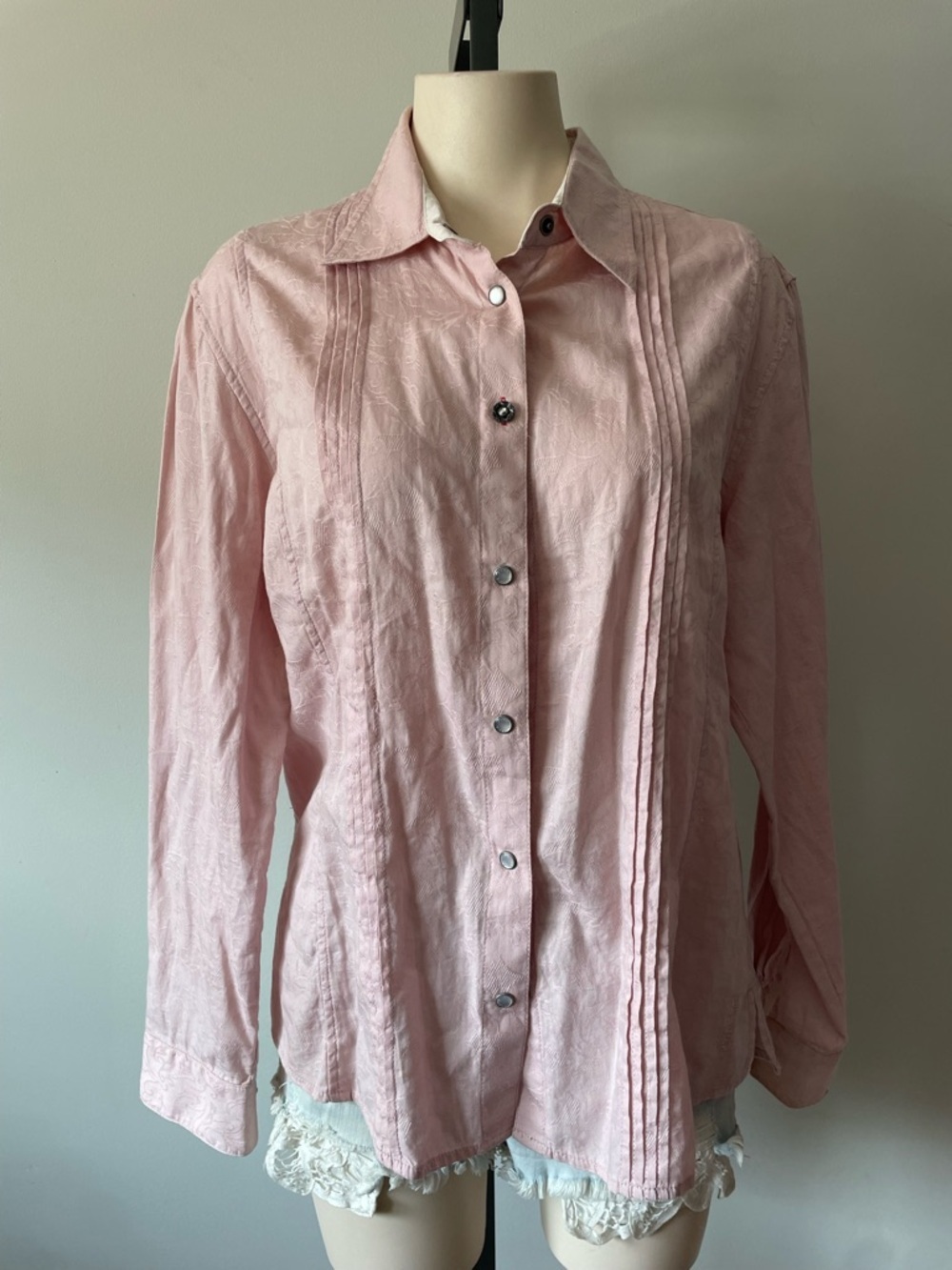 Y2K Vintage Blue Willis Pink Jacquard Button Down Shirt Blouse Western Pink